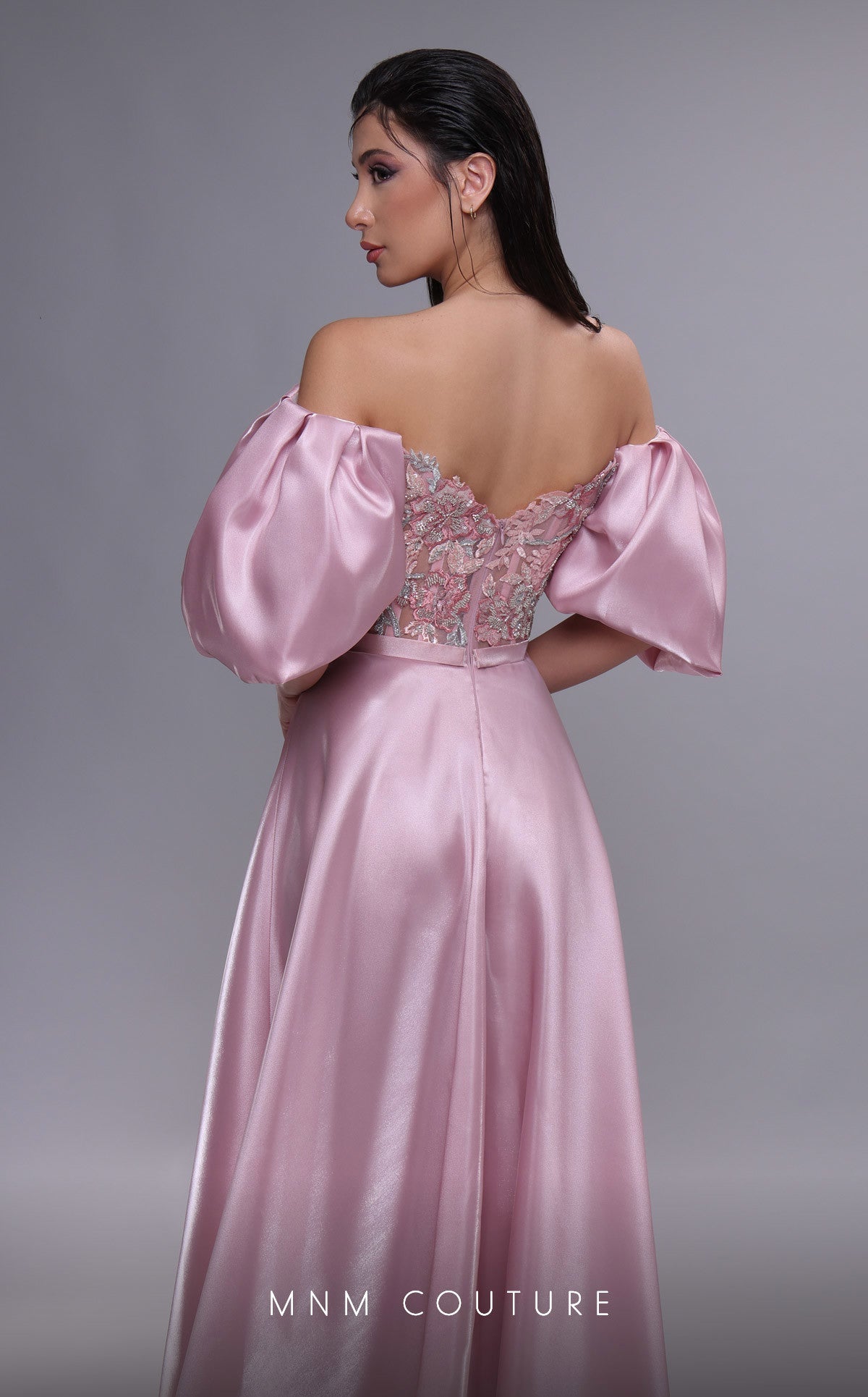 MNM Couture K4094 Off-Shoulder Pink Gown with Open Back