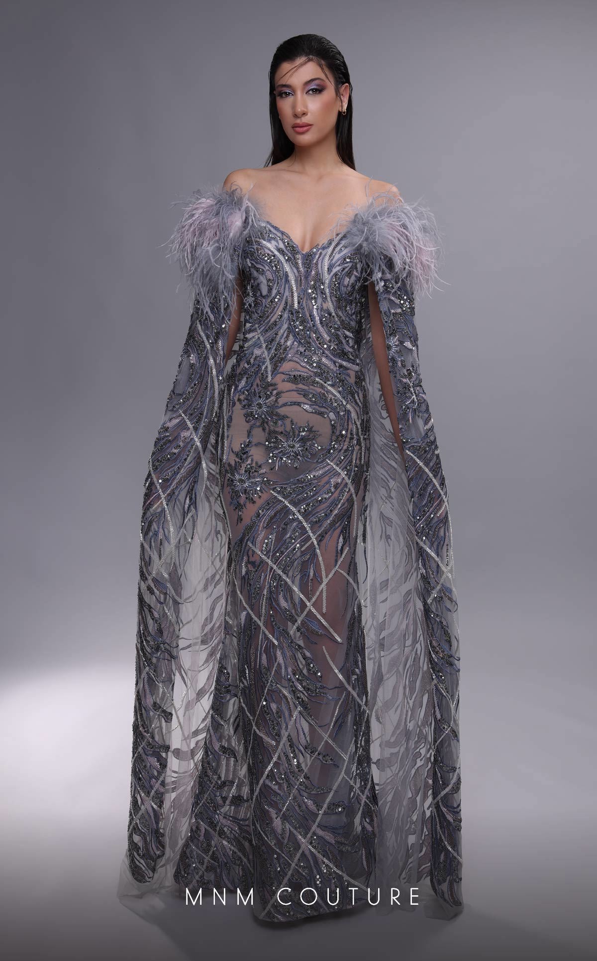 MNM Couture K4097 Grey Beaded Mermaid Gown with Feathers