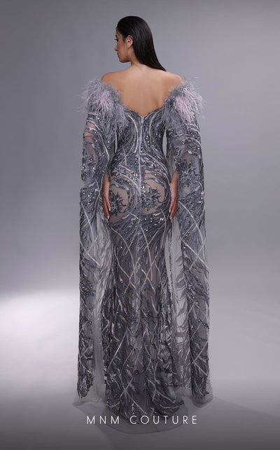 MNM Couture K4097 Grey Beaded Mermaid Gown with Feathers