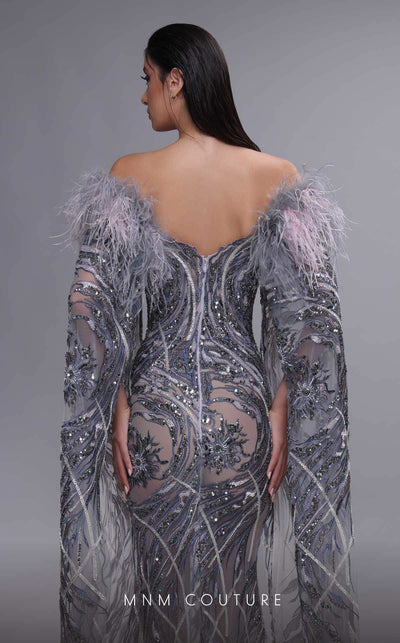 MNM Couture K4097 Grey Beaded Mermaid Gown with Feathers