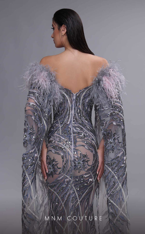 MNM Couture K4097 Grey Beaded Mermaid Gown with Feathers