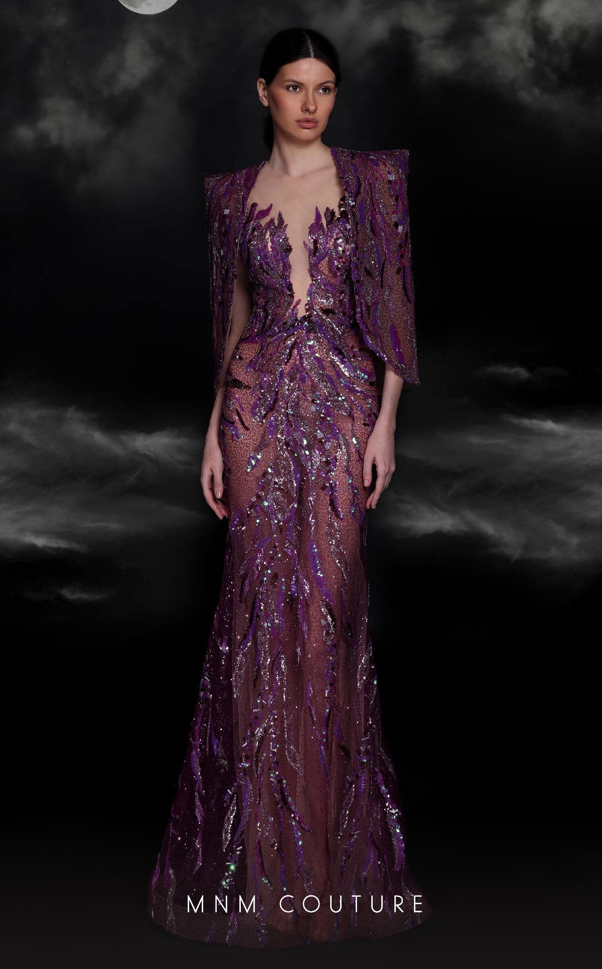 MNM Couture K4101 Purple Mermaid Gown with Illusion Bodice & Bolero