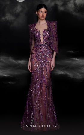 MNM Couture K4101 Purple Mermaid Gown with Illusion Bodice & Bolero