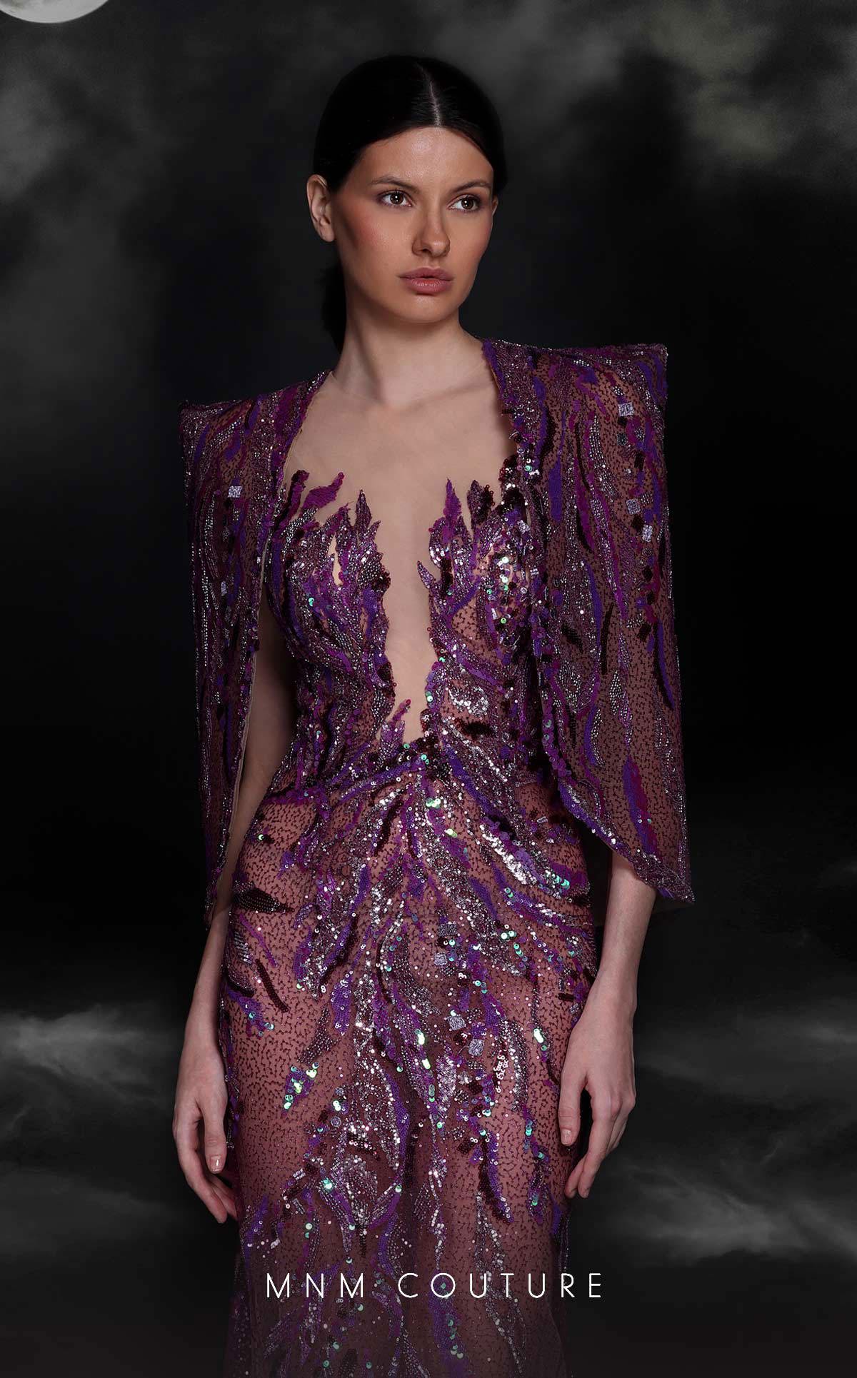 MNM Couture K4101 Purple Mermaid Gown with Illusion Bodice & Bolero