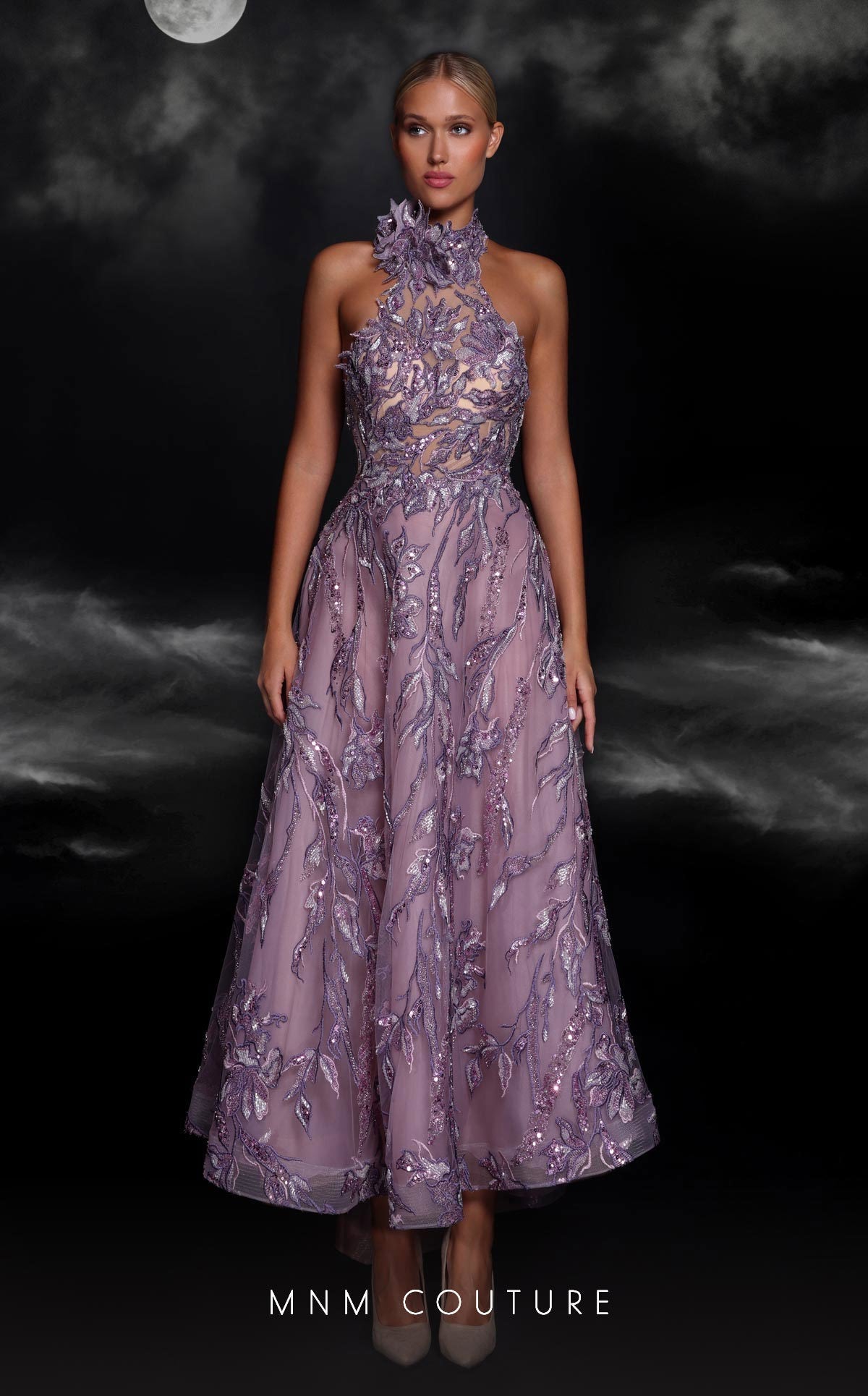 MNM Couture K4104 Purple Illusion Lace Gown
