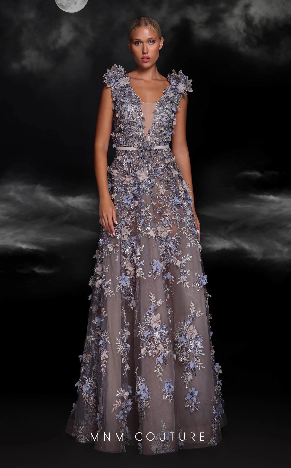 MNM Couture K4106 Grey A-Line Gown with 3D Floral Detailing
