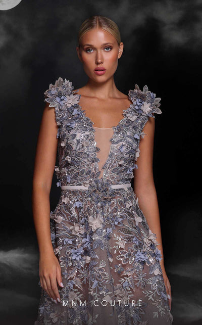 MNM Couture K4106 Grey A-Line Gown with 3D Floral Detailing