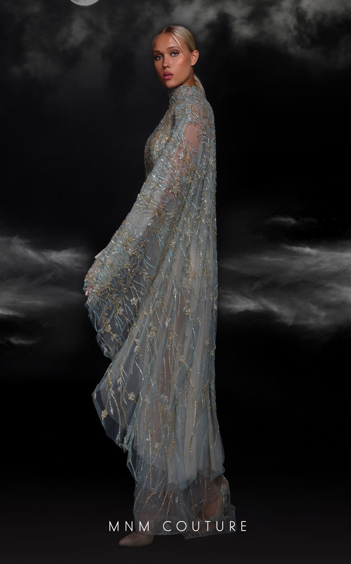 MNM Couture K4119 High Neck Beaded Cape Gown in Tiffany
