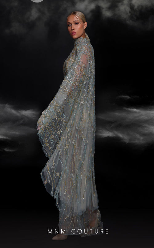 MNM Couture K4119 High Neck Beaded Cape Gown in Tiffany