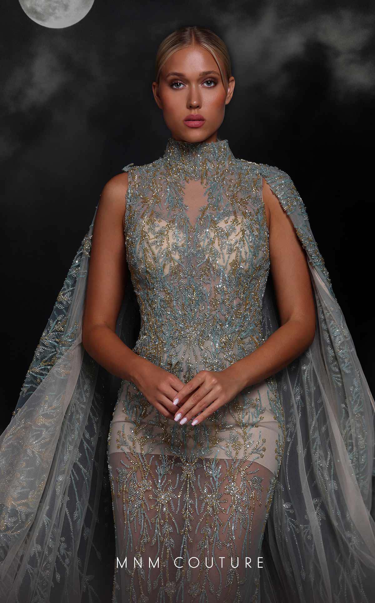 MNM Couture K4119 High Neck Beaded Cape Gown in Tiffany