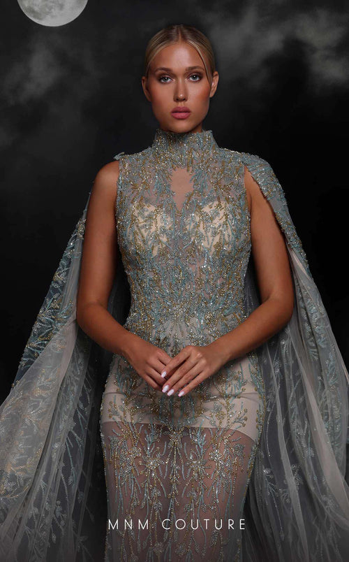 MNM Couture K4119 High Neck Beaded Cape Gown in Tiffany