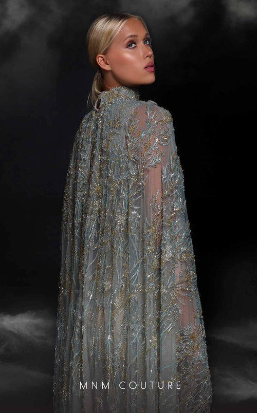 MNM Couture K4119 High Neck Beaded Cape Gown in Tiffany