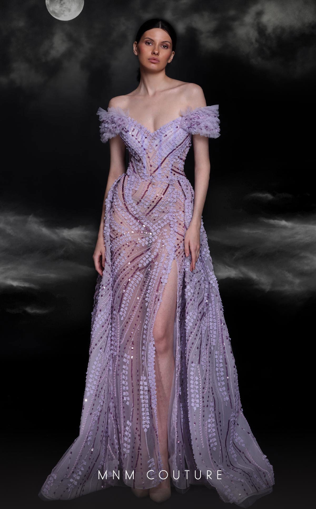 MNM Couture K4120 Off-Shoulder Lilac Beaded Gown