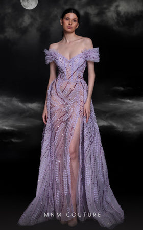 MNM Couture K4120 Off-Shoulder Lilac Beaded Gown