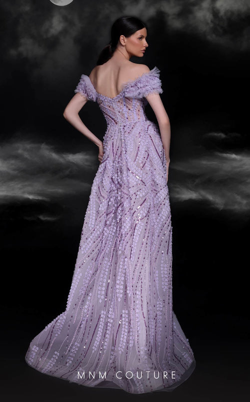 MNM Couture K4120 Off-Shoulder Lilac Beaded Gown
