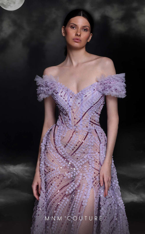 MNM Couture K4120 Off-Shoulder Lilac Beaded Gown