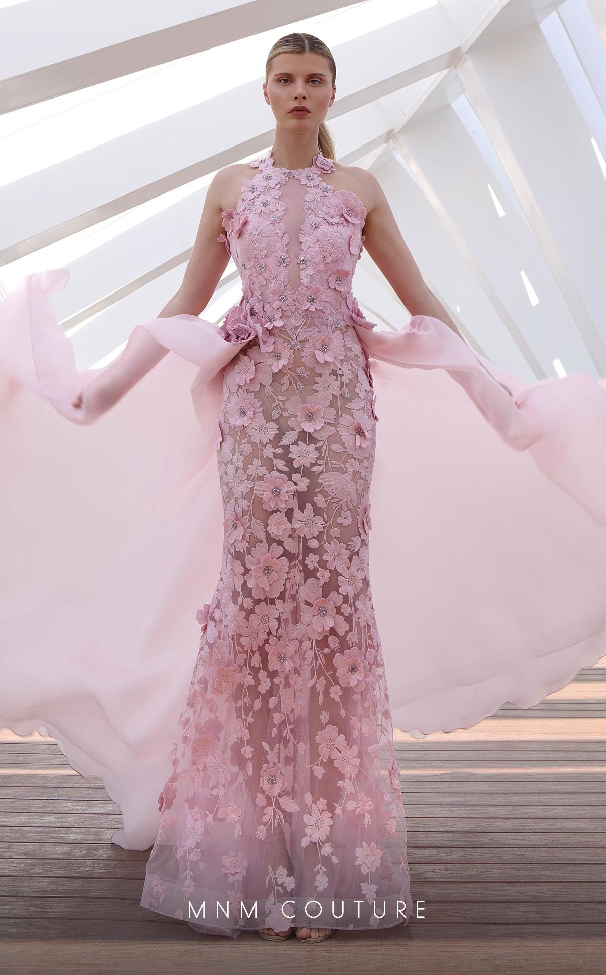 MNM Couture K4128 Pink 3D Floral Illusion Gown