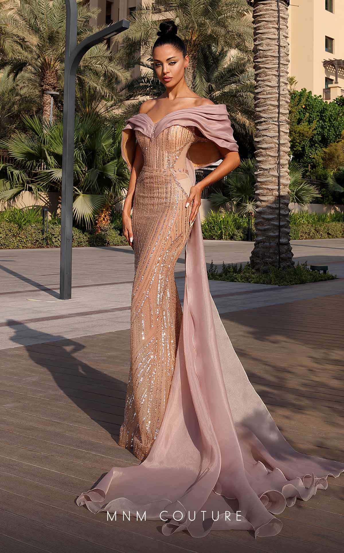 MNM Couture K4138 Bronze Sequin Off-Shoulder Mermaid Gown
