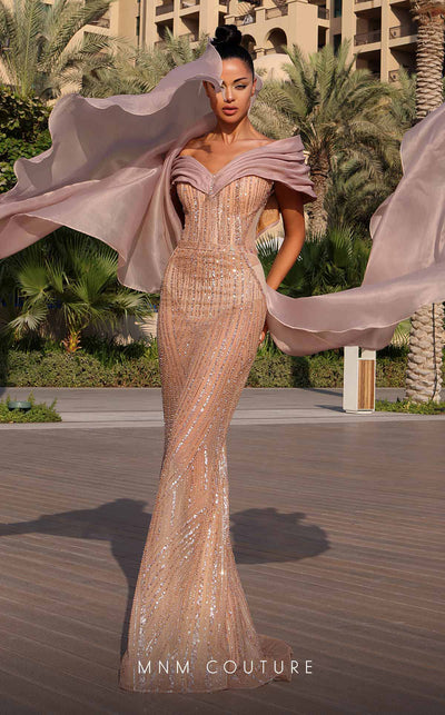 MNM Couture K4138 Bronze Sequin Off-Shoulder Mermaid Gown