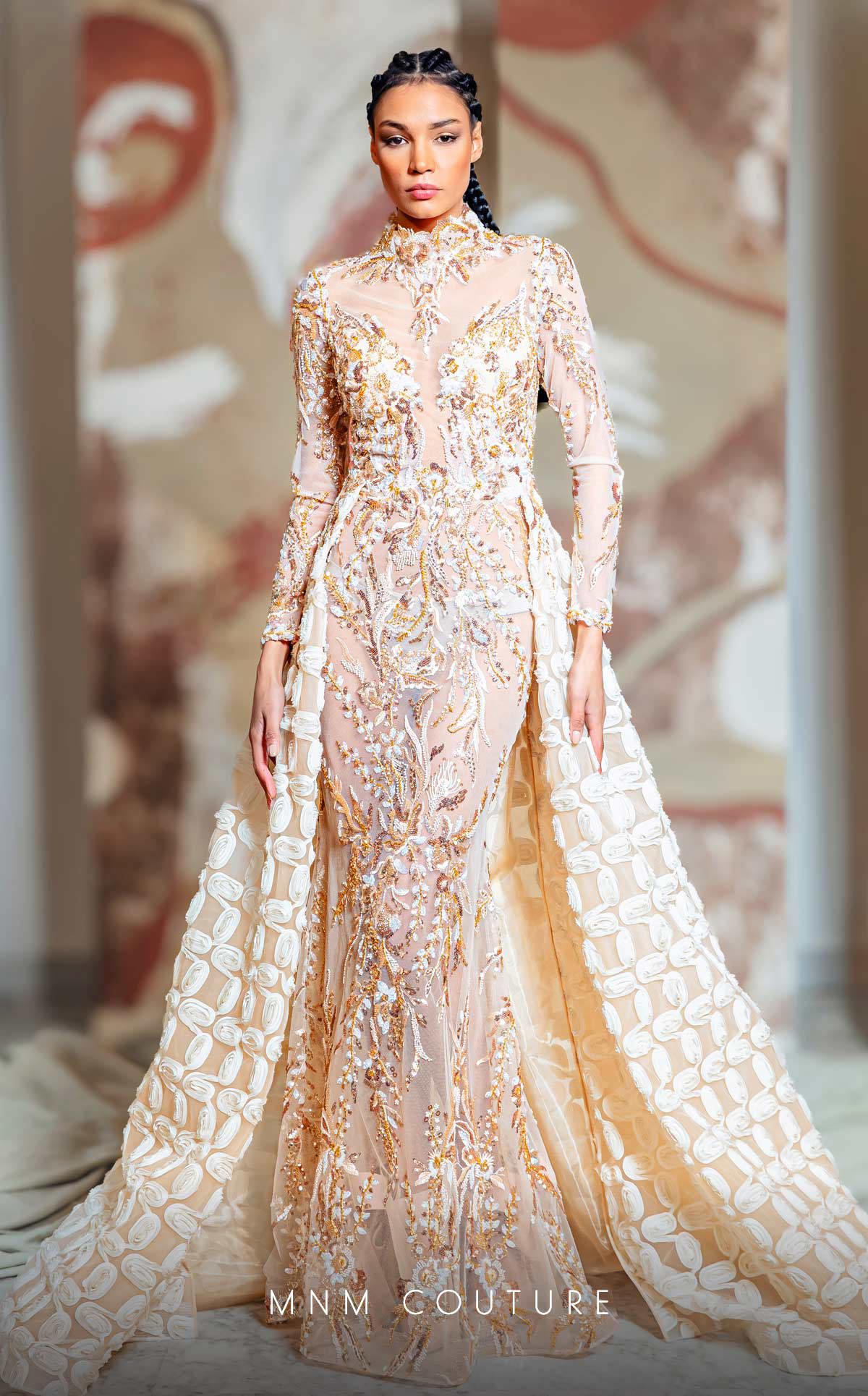 MNM Couture K4149 High-Neck Embellished Sheer Gown in Beige