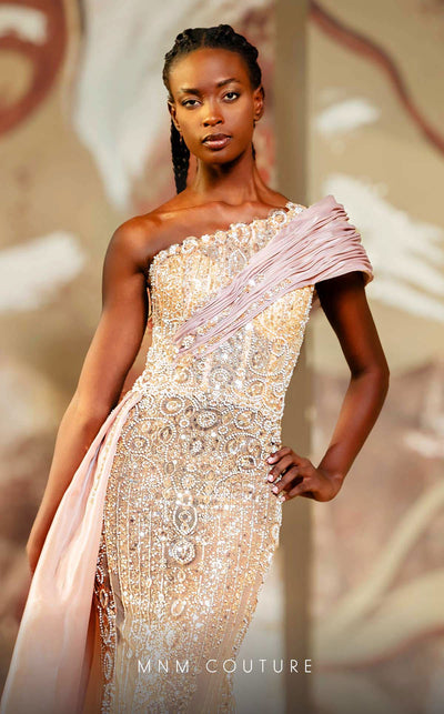 MNM Couture K4151 Beige One-Shoulder Gown with Embellishment