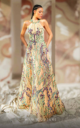 MNM Couture K4167 Nude Embroidered Gown with Green & Purple Sequins
