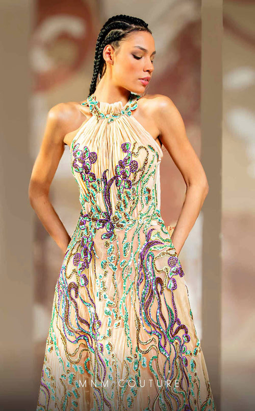 MNM Couture K4167 Nude Embroidered Gown with Green & Purple Sequins