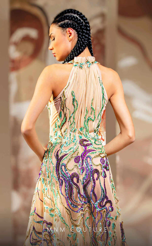 MNM Couture K4167 Nude Embroidered Gown with Green & Purple Sequins