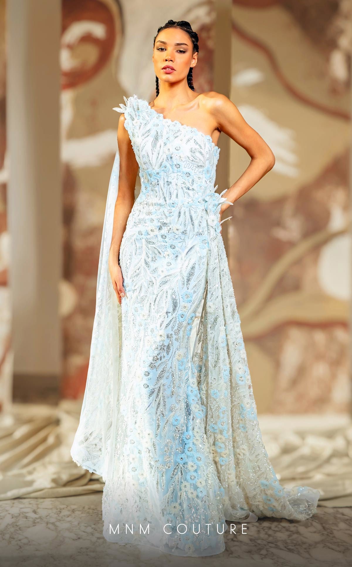 MNM Couture K4173 One-Shoulder Blue Embroidered Evening Gown