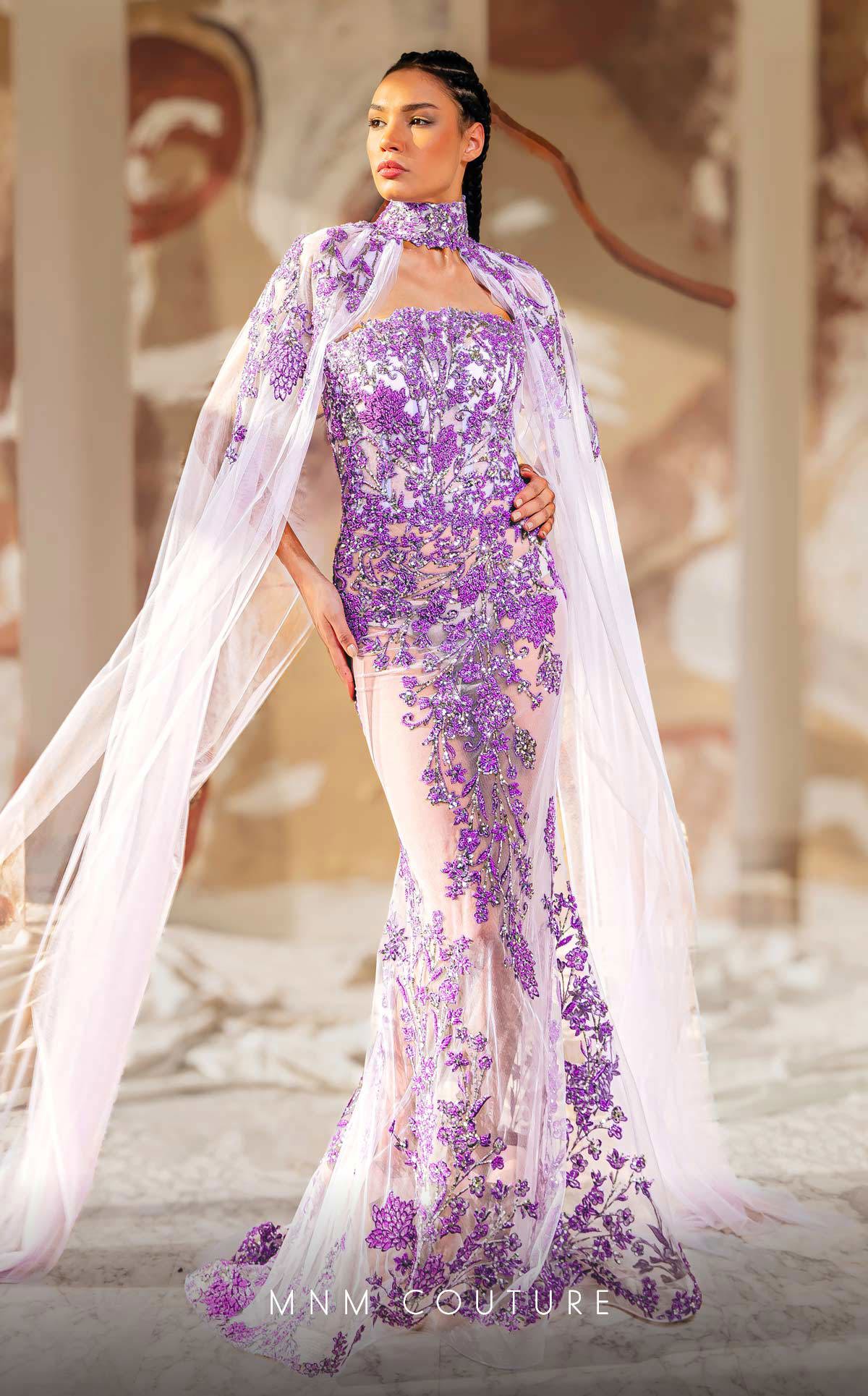 MNM Couture K4179 Lavender Embroidered Gown with Sheer Cape