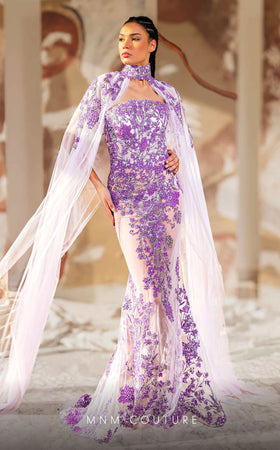 MNM Couture K4179 Lavender Embroidered Gown with Sheer Cape