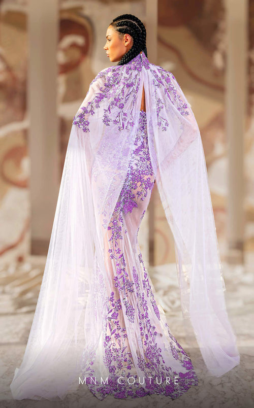 MNM Couture K4179 Lavender Embroidered Gown with Sheer Cape