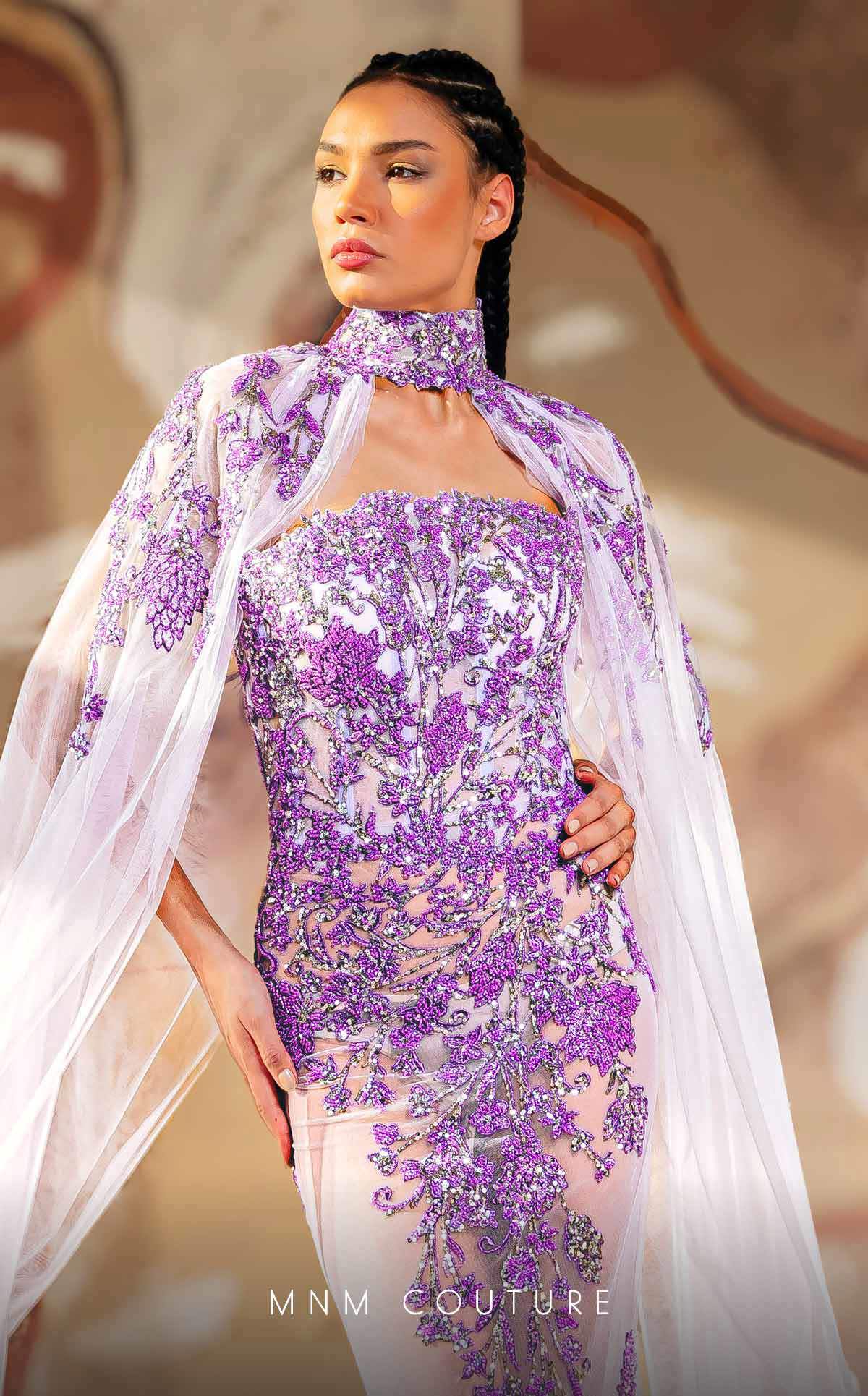 MNM Couture K4179 Lavender Embroidered Gown with Sheer Cape