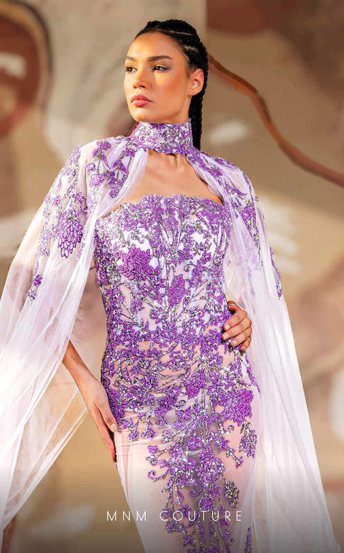 MNM Couture K4179 Lavender Embroidered Gown with Sheer Cape
