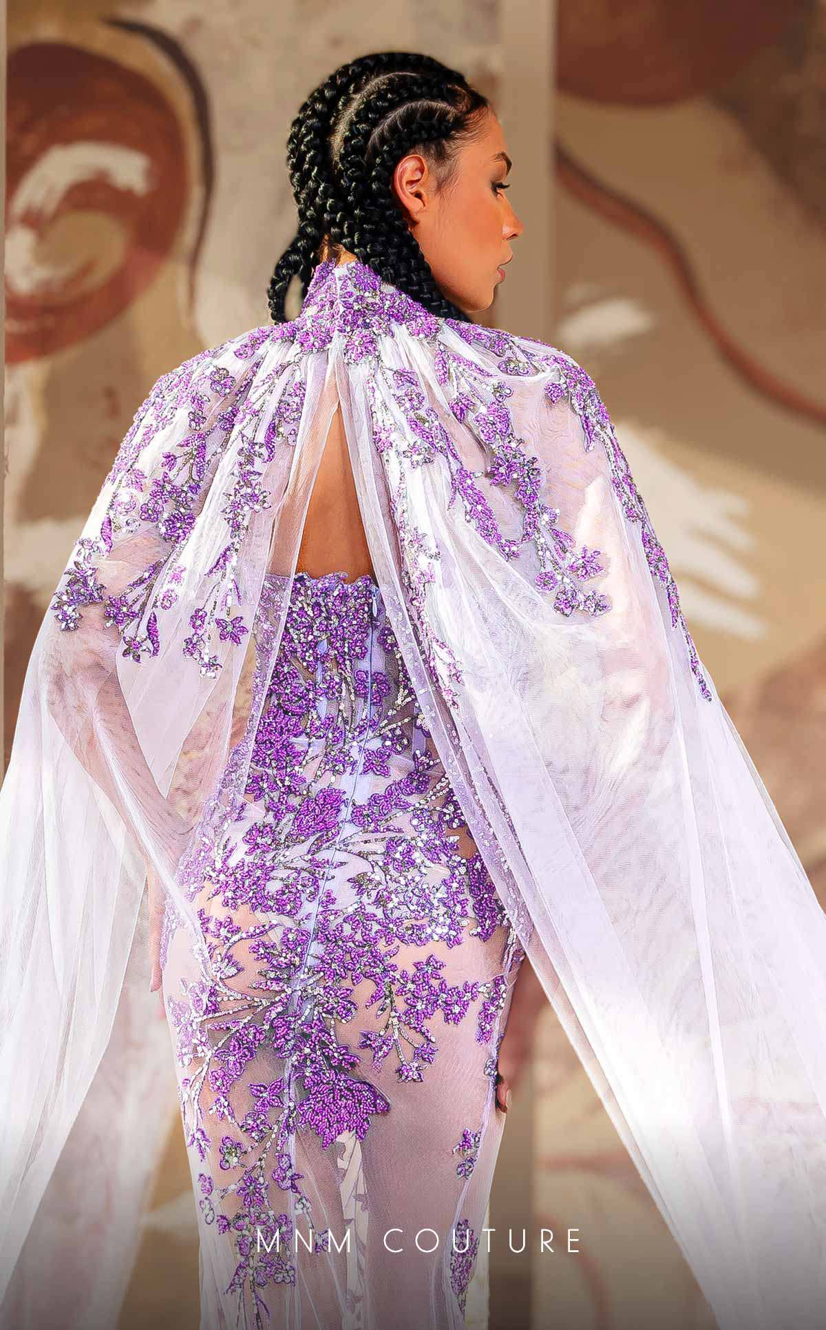 MNM Couture K4179 Lavender Embroidered Gown with Sheer Cape
