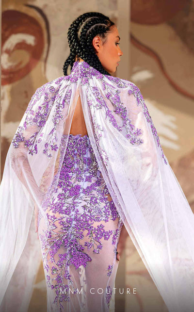 MNM Couture K4179 Lavender Embroidered Gown with Sheer Cape