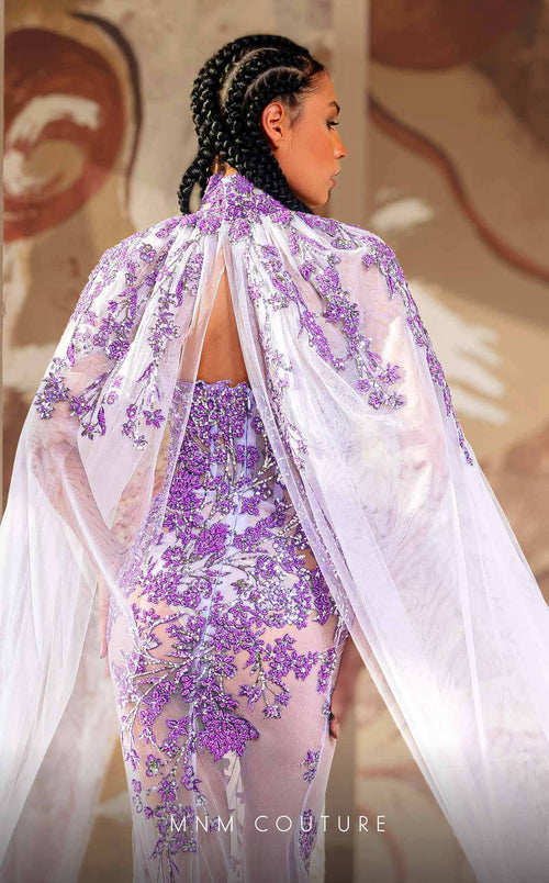 MNM Couture K4179 Lavender Embroidered Gown with Sheer Cape