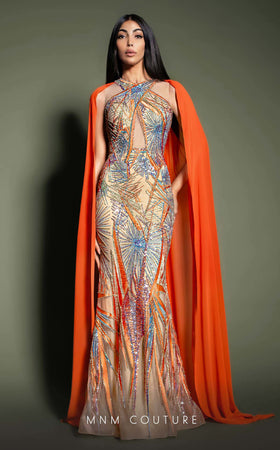 MNM Couture K4186 Embellished Illusion Orange Gown with Cape