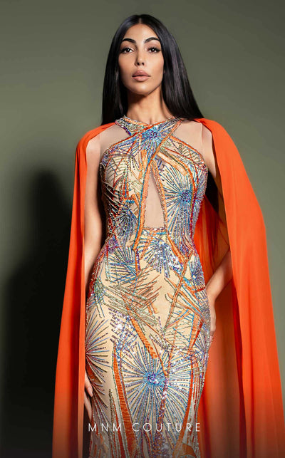 MNM Couture K4186 Embellished Illusion Orange Gown with Cape