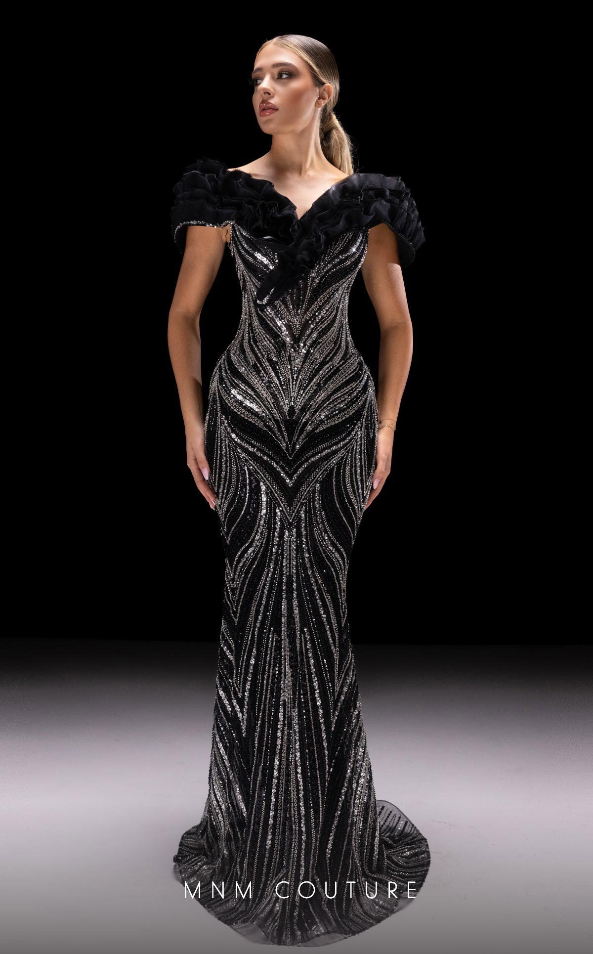 MNM Couture K4218 Black Open Back Mermaid Evening Gown