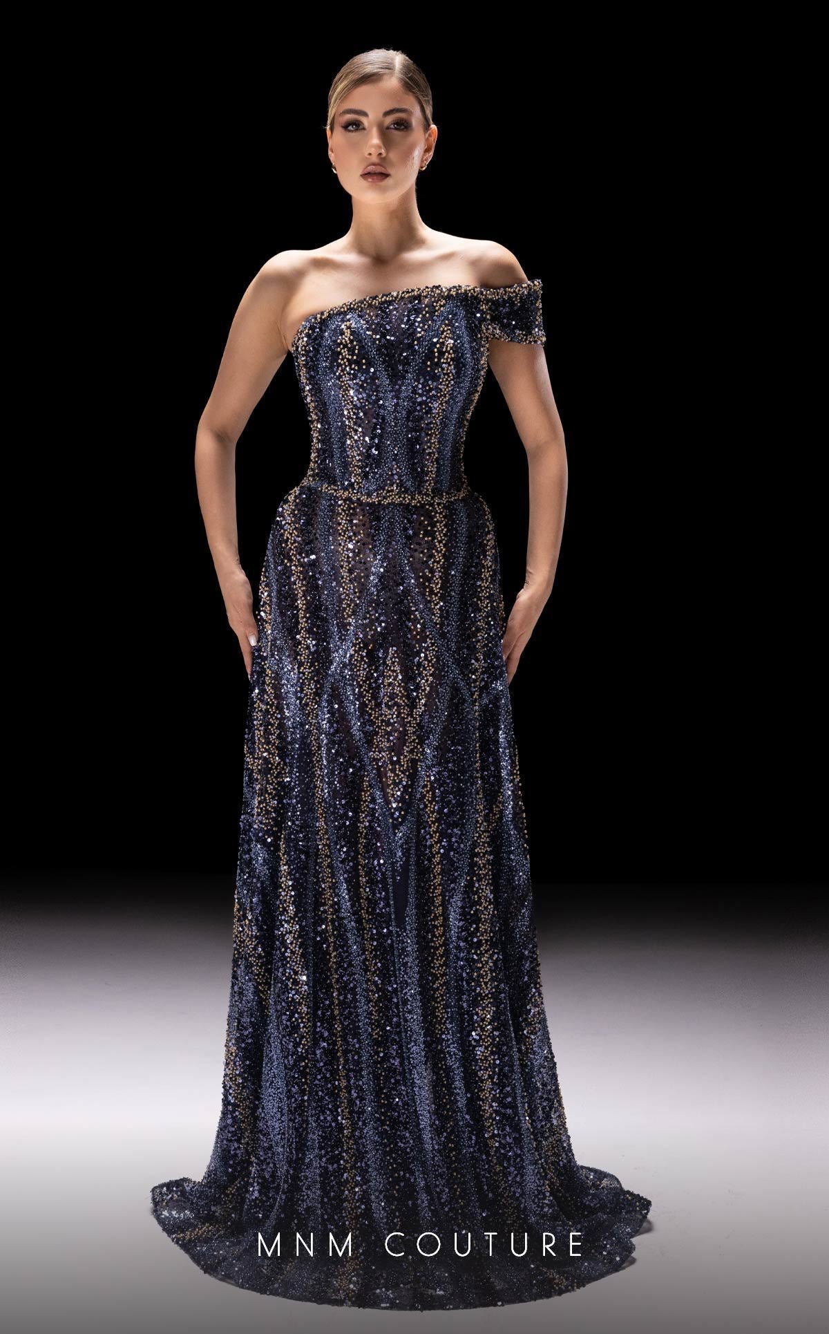 MNM Couture K4240 Navy Off-Shoulder Beaded Gown