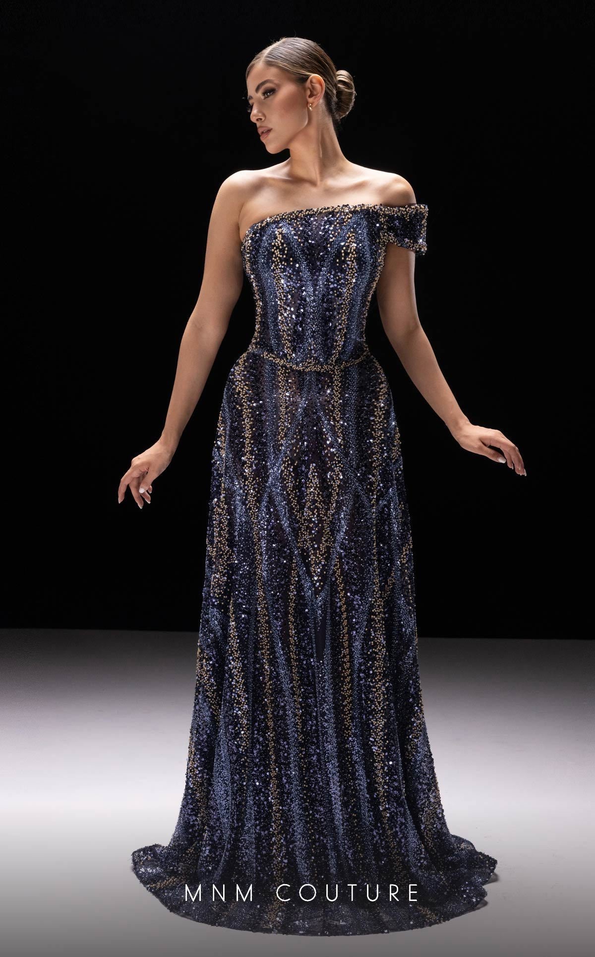 MNM Couture K4240 Navy Off-Shoulder Beaded Gown