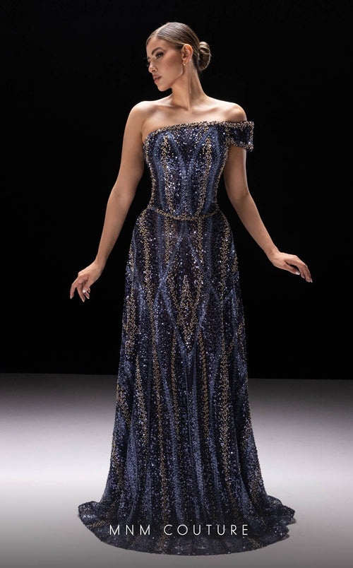 MNM Couture K4240 Navy Off-Shoulder Beaded Gown