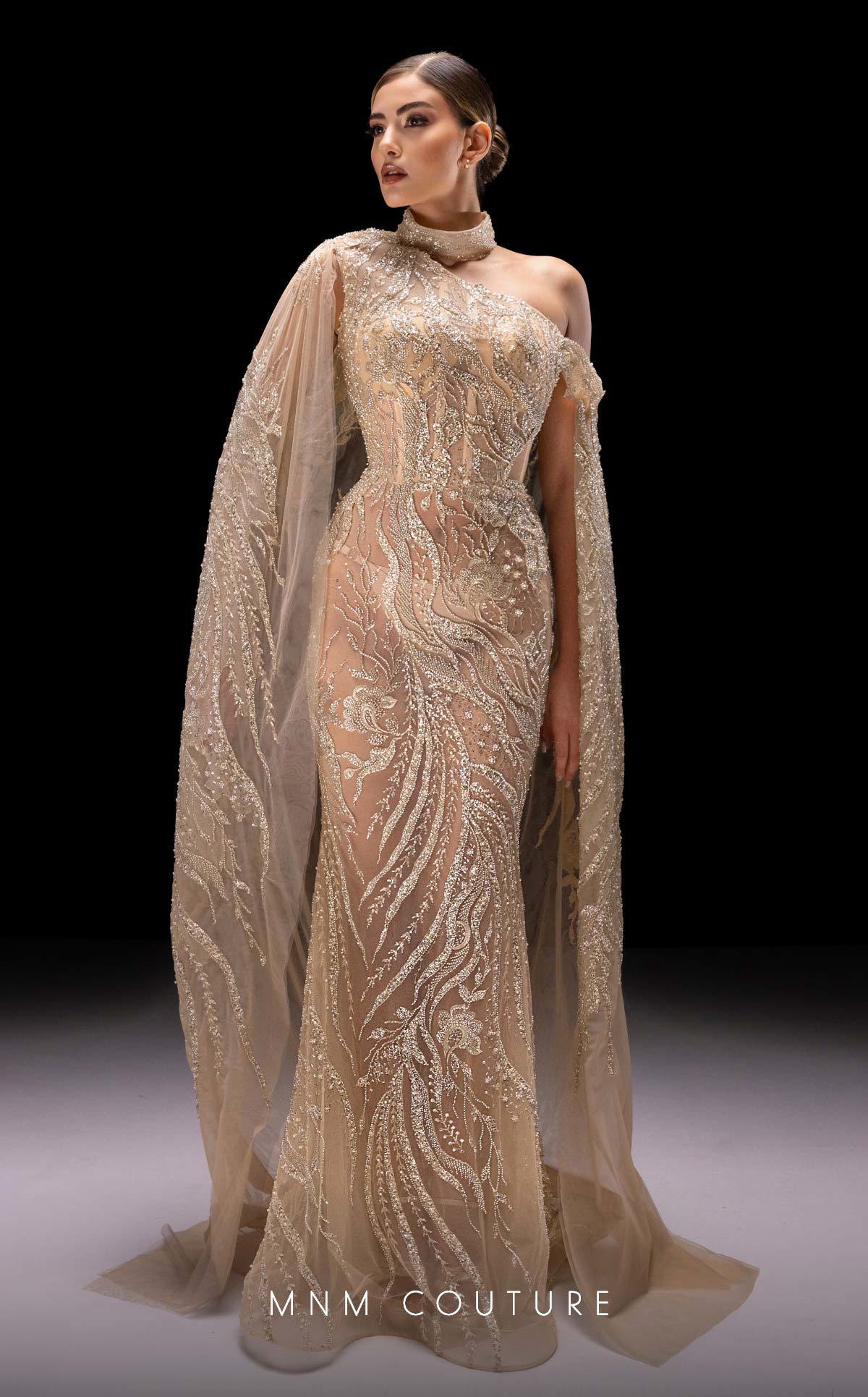MNM Couture K4241 One-Shoulder Long Gown in Beige