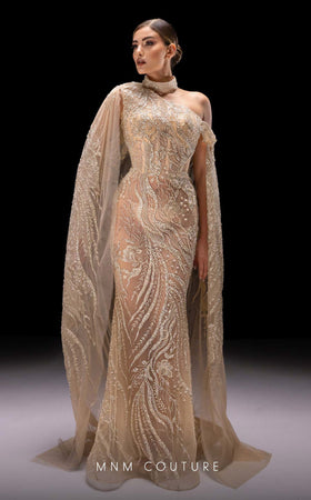 MNM Couture K4241 One-Shoulder Long Gown in Beige