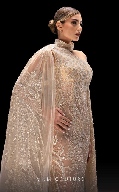 MNM Couture K4241 One-Shoulder Long Gown in Beige