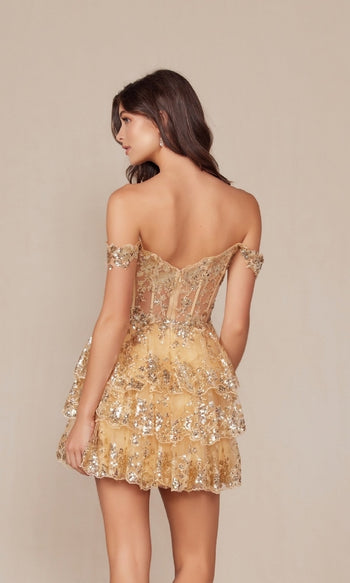 Sparkling Off-Shoulder Sequin Hoco Dress with Ruffled Hem – K856