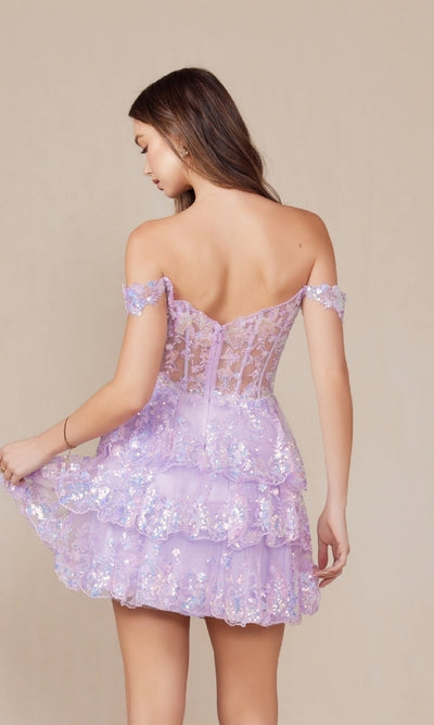 Nox Anabel K856 Sparkling Off-Shoulder Sequin Hoco Dress with Ruffled Hem
