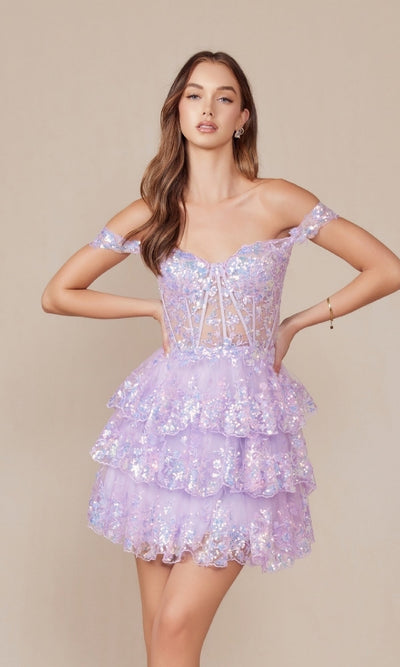 Nox Anabel K856 Sparkling Off-Shoulder Sequin Hoco Dress with Ruffled Hem