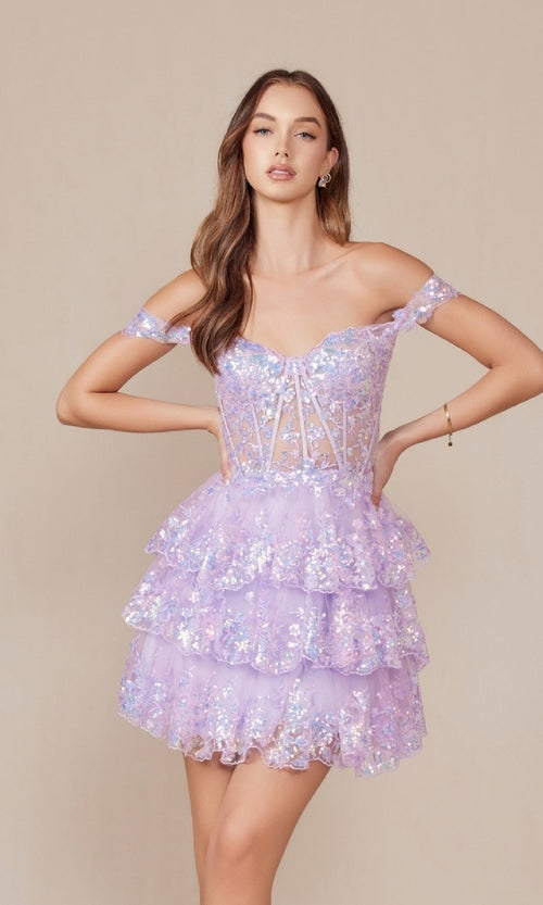 Nox Anabel K856 Sparkling Off-Shoulder Sequin Hoco Dress with Ruffled Hem